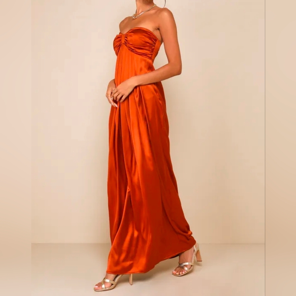 Lulus 2X Memorable Entrance Rust Orange Strapless Satin Maxi Dress, Size 2X - Picture 5 of 11